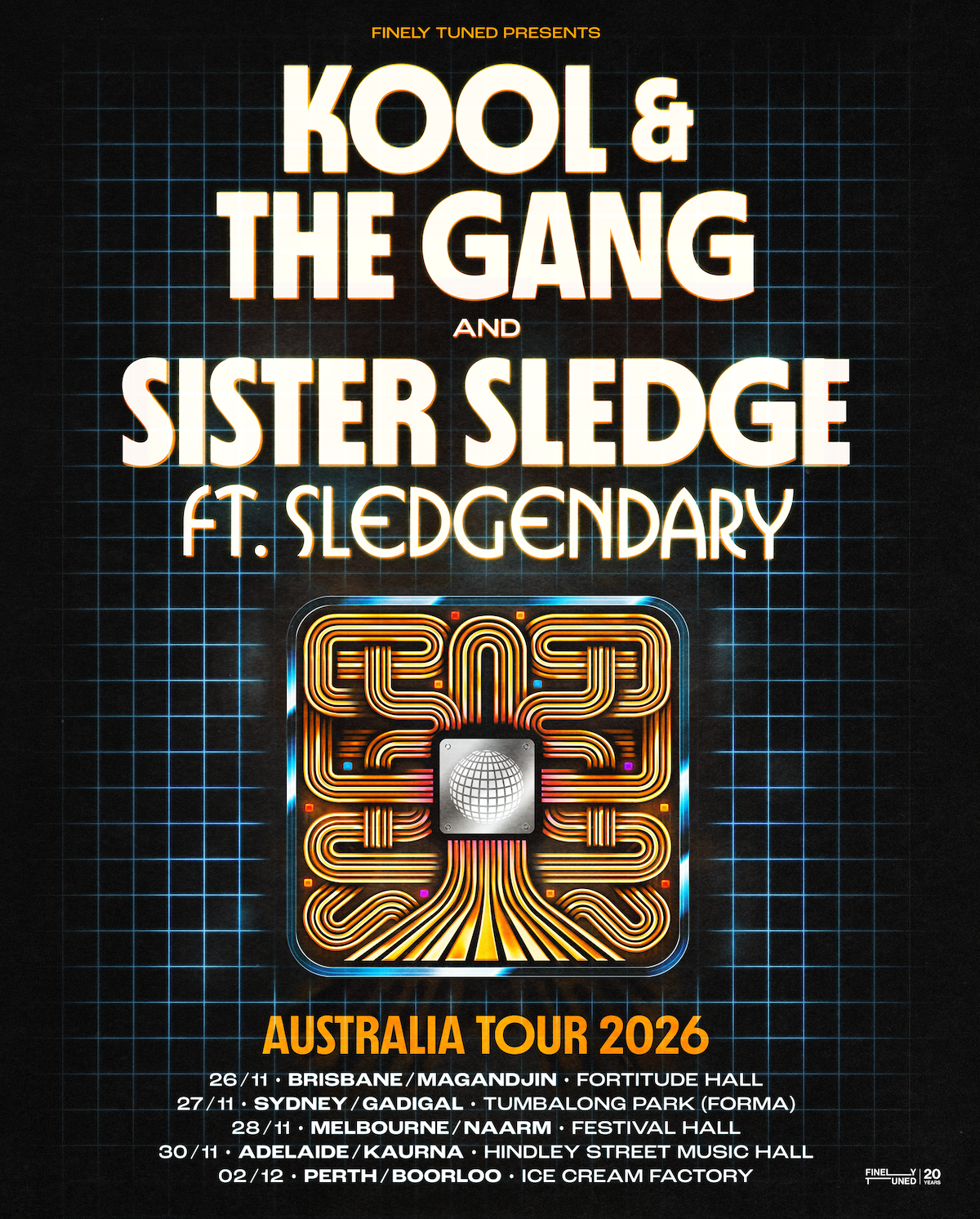 Kool & The Gang and Sister Sledge Australia Tour 2026 poster with a retro grid graphic and November-December concert dates.